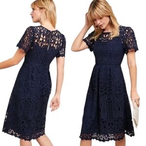 NWT Eri + Ali Navy Blue Priscilla Lace Overlay A-Line Midi Dress Size XS